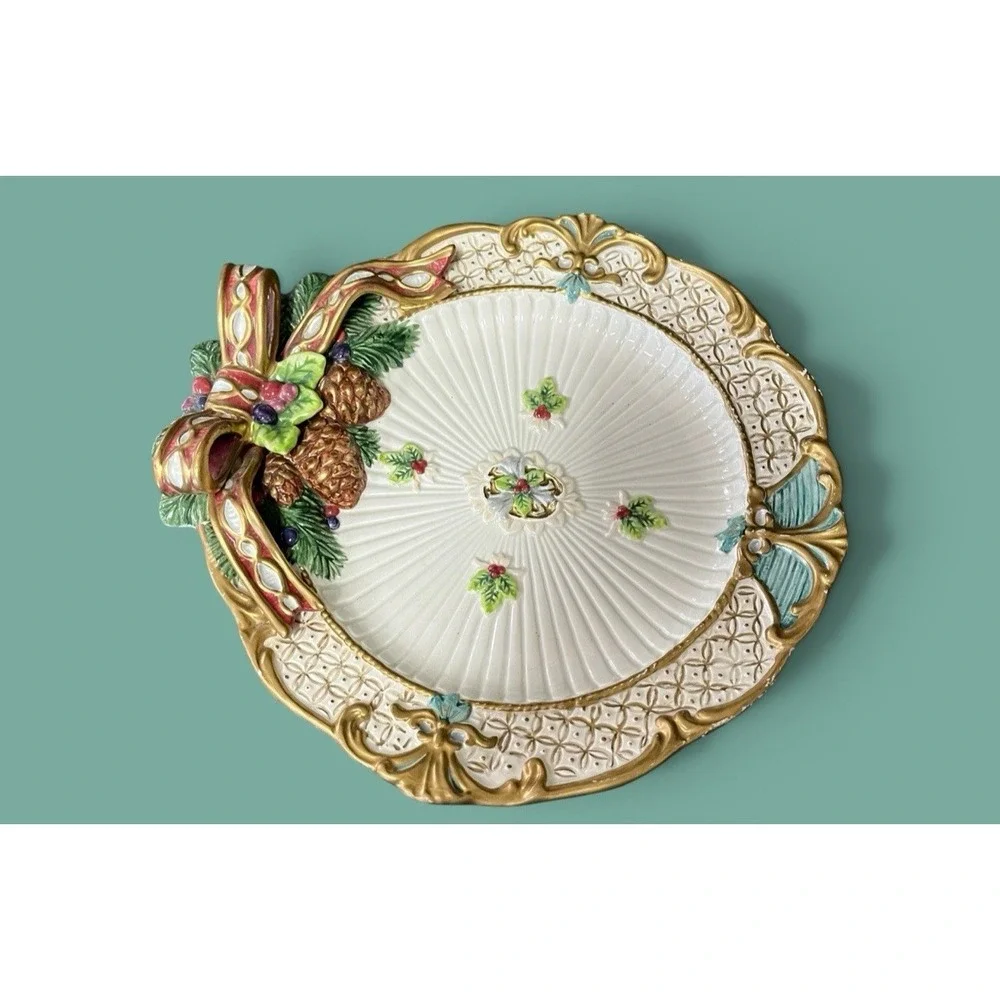 Fitz & Floyd Classics Florentine Canape Snack Plate Christmas Holly Bow Pinecone